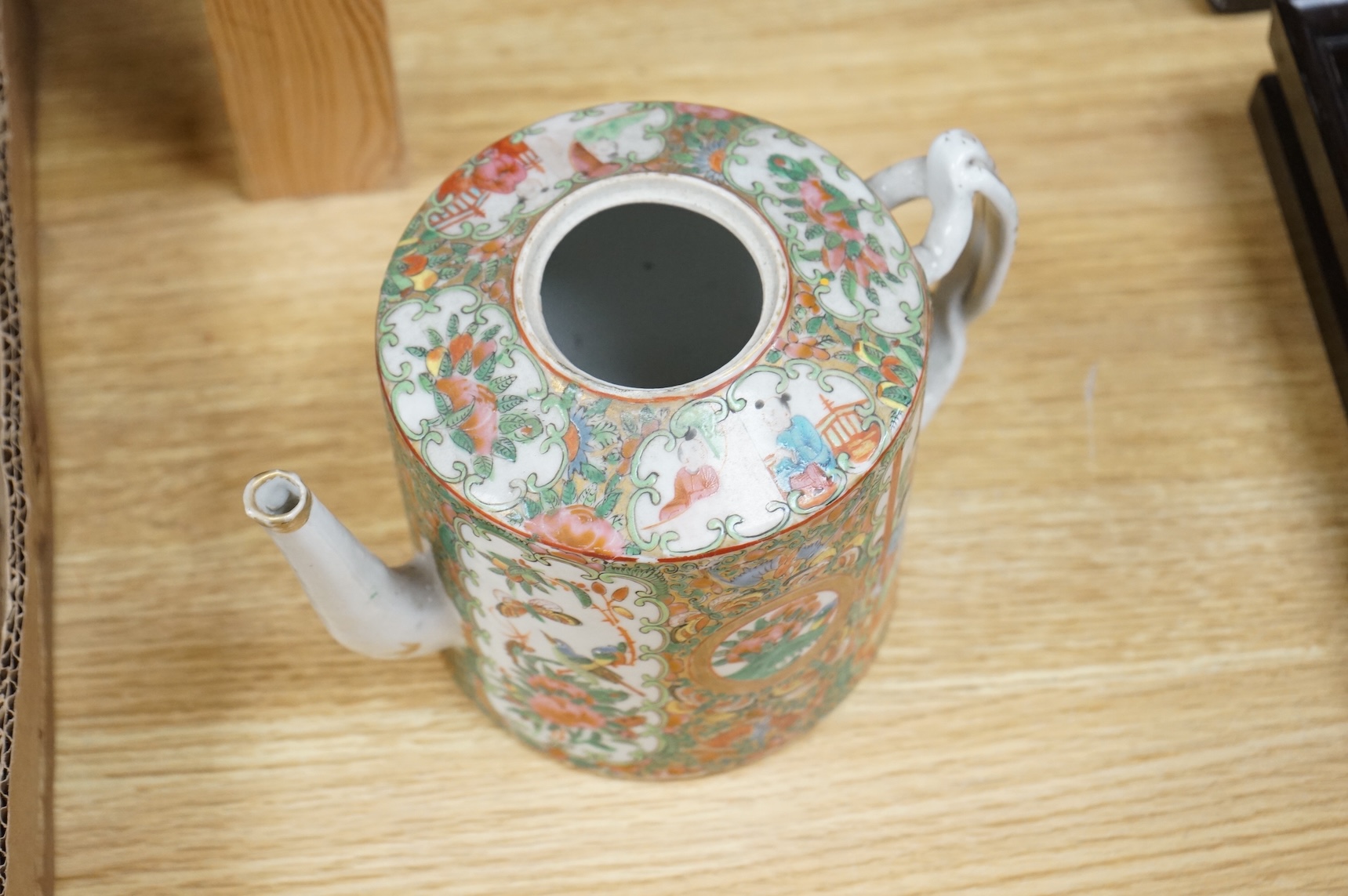 Three 19th century Chinese famille rose teapots, lacking covers largest 21cm wide